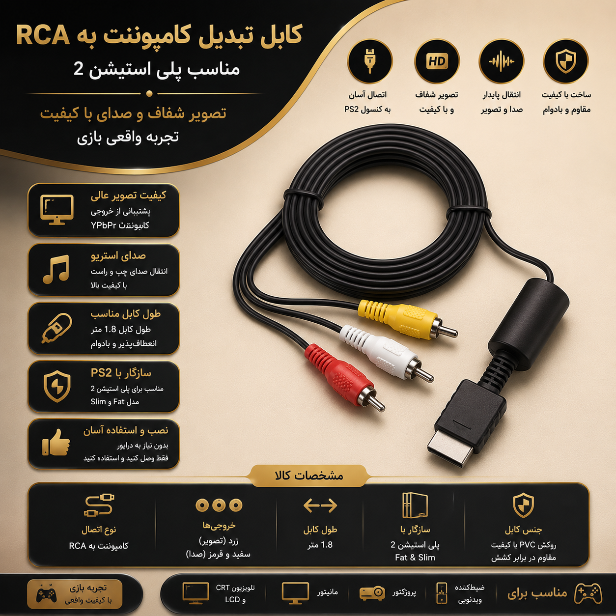 کابل تبدیل کامپوننت به RCA مناسب پلی استیشن 2