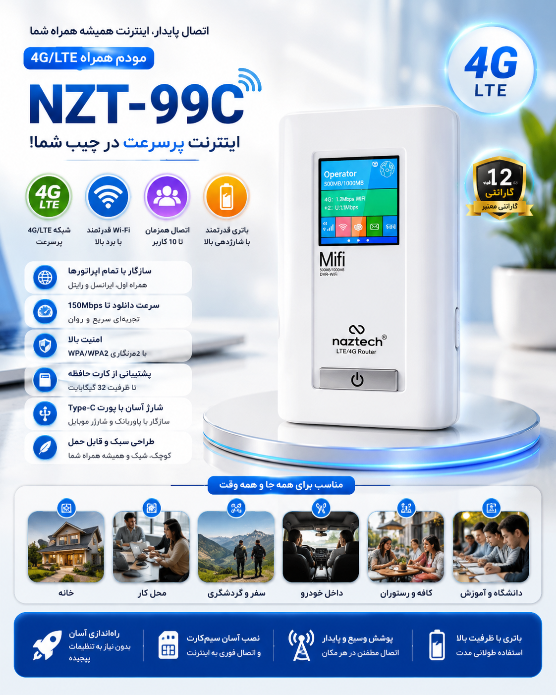 مودم همراه 4G/LTE نازتک (Naztech) مدل NZT-77C فوق العاده تمیز و در حد نو