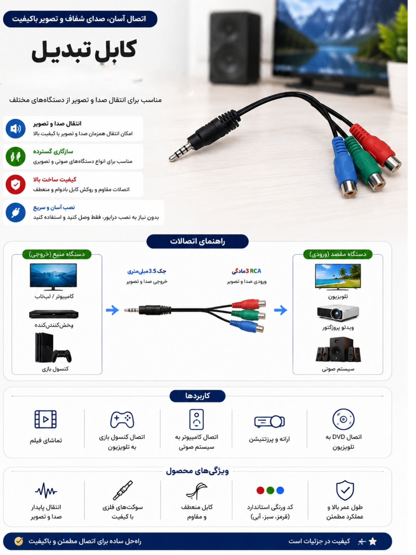 کابل ۱ به ۳ RCA انتقال تصویر و صدا