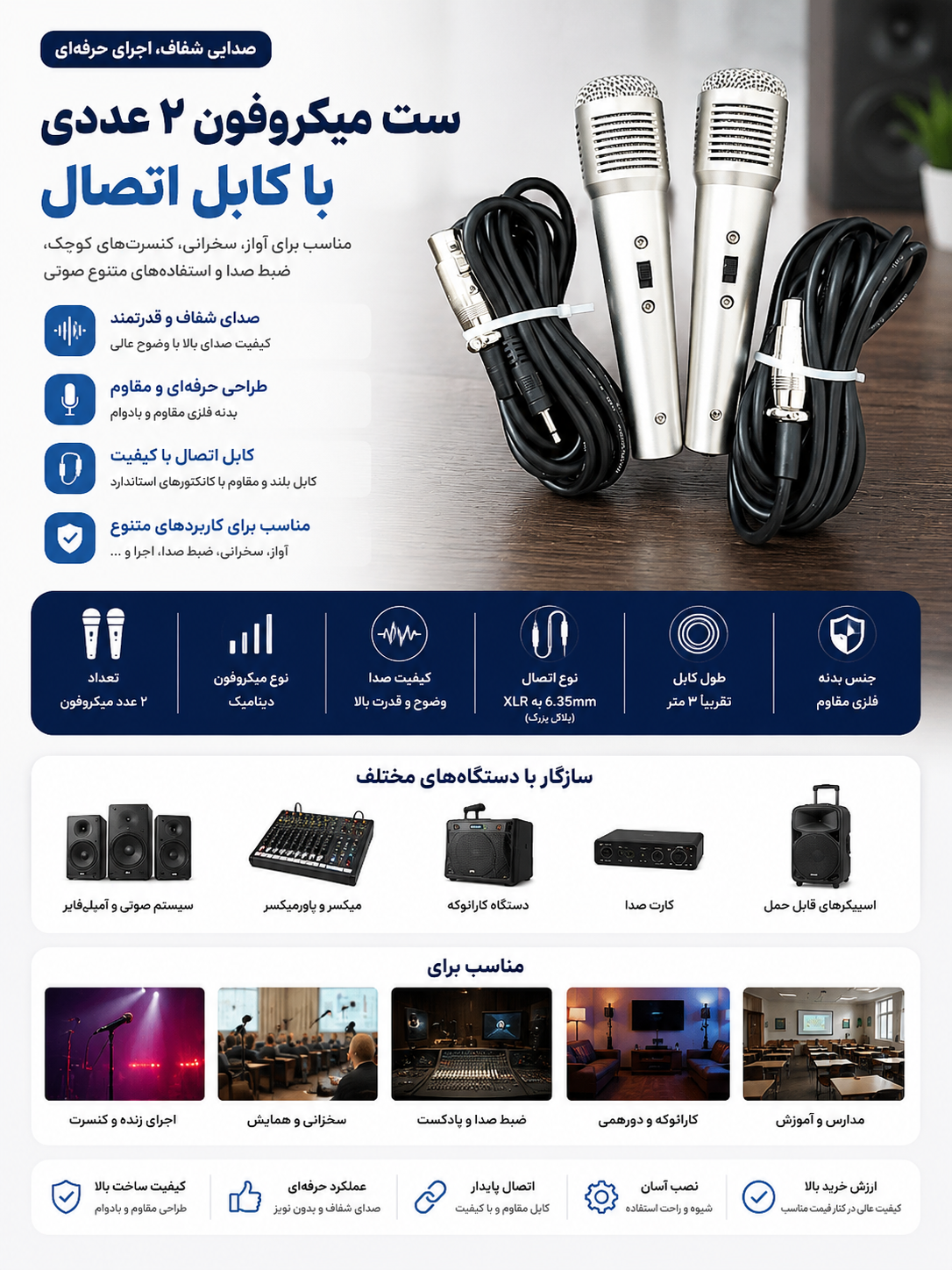 ست میکروفون ۲ عددی با کابل اتصال ــ استوک در حد نو