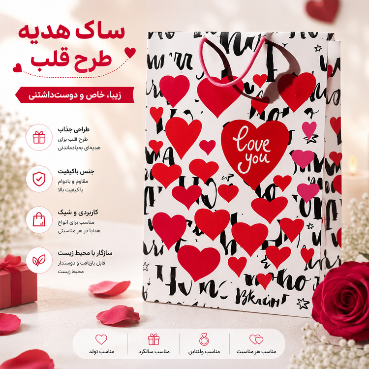 ساک هدیه طرح قلب سایز ۵ |بسته بندی شیک برای ولنتاین و تولد