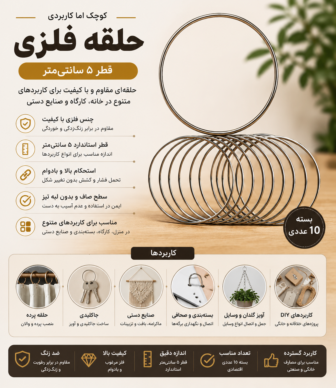 حلقه فلزی ۵ سانتی نقره ای ــ ۱۰ عددی